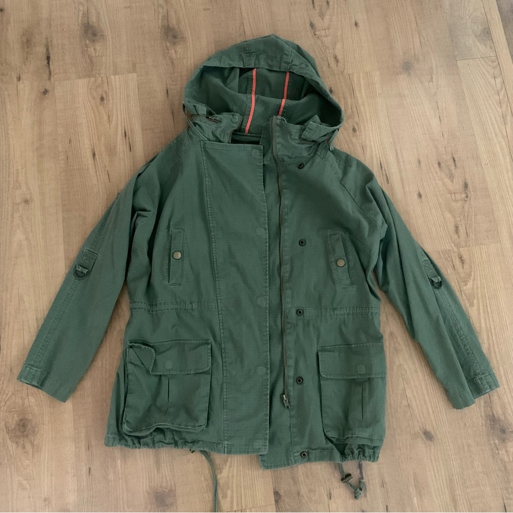 WILLOW and CLAY Women's M Green Canvas Long Military Utility Zip Hooded Jacket